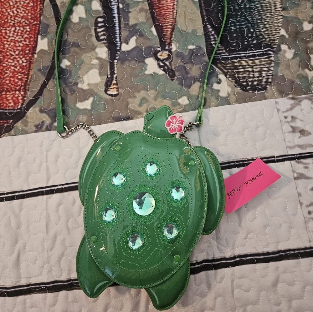 Betsey Johnson turtle tropical rhinestone small green crossbody handbag